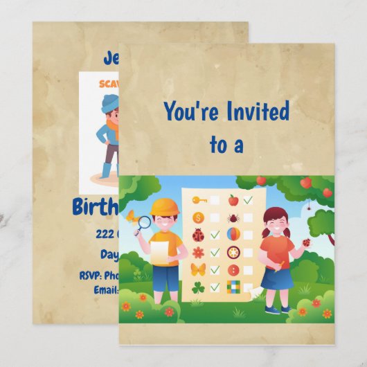 Eigen naam Scavenger Hunt Birthday Uitnodiging (Voorkant / Achterkant)