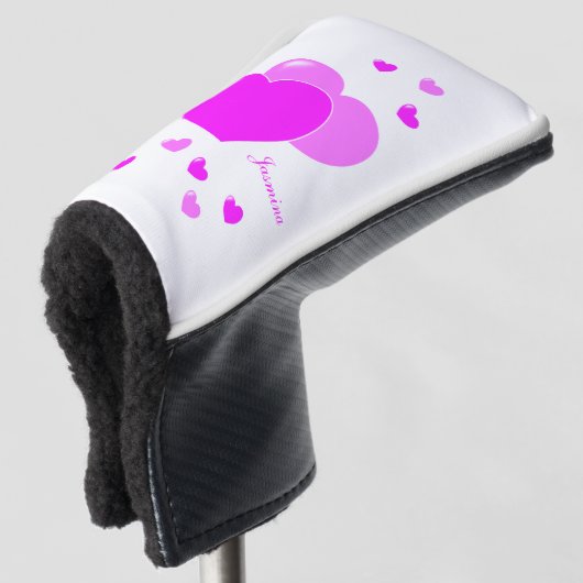 Eigen naam Sjabloon Feminine roze harten op wit Golfheadcover (3/4 voorkant)