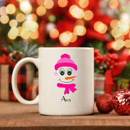 Eigen naam Snowman Snowgirl Roze Pet en Scarf Koffiemok