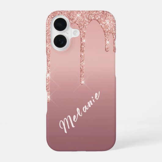 Eigen naam Tekst Roos Gold Blush Glitter Gift iPhone 16 Hoesje (Achterkant)