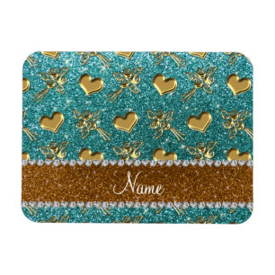 Eigen naam turkooise glitter gold rozen harten magneet