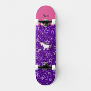 Eigen naam unicorn indigo paarse glitter sterren skateboard