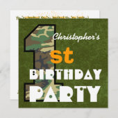 Eigen naam V01 van kind 1st Birthday CAMO Kaart (Voorkant / Achterkant)