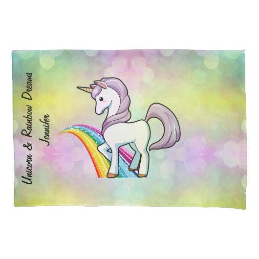 Eigen naam van Girl's Unicorn & Rainbow Kussensloop (Voorkant)