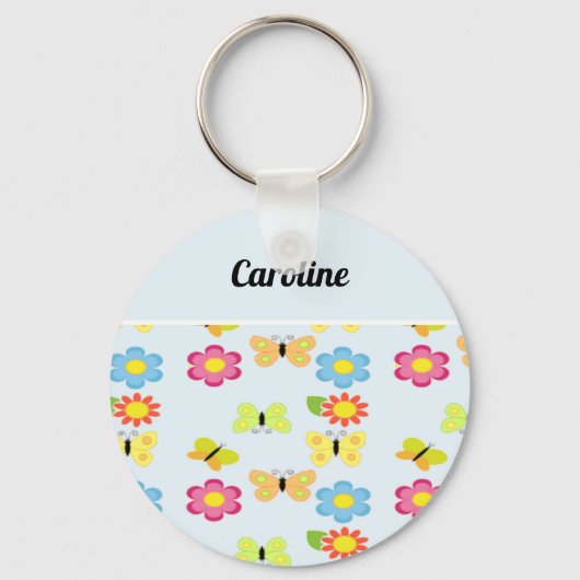 Eigen naam vlinders en bloemen blauw patroon sleutelhanger (Voorkant)