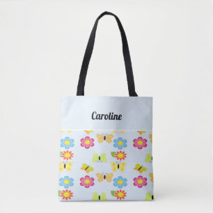 Eigen naam vlinders en bloemen blauw patroon tote bag