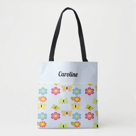Eigen naam vlinders en bloemen blauw patroon tote bag (Voorkant)