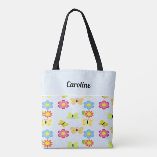 Eigen naam vlinders en bloemen blauw patroon tote bag (Achterkant)