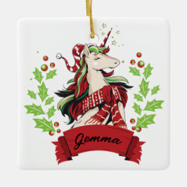 Eigen naam voor kerstmis unicorn keramisch ornament