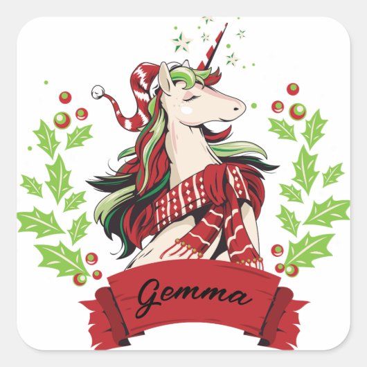 Eigen naam voor kerstmis unicorn vierkante sticker (Voorkant)
