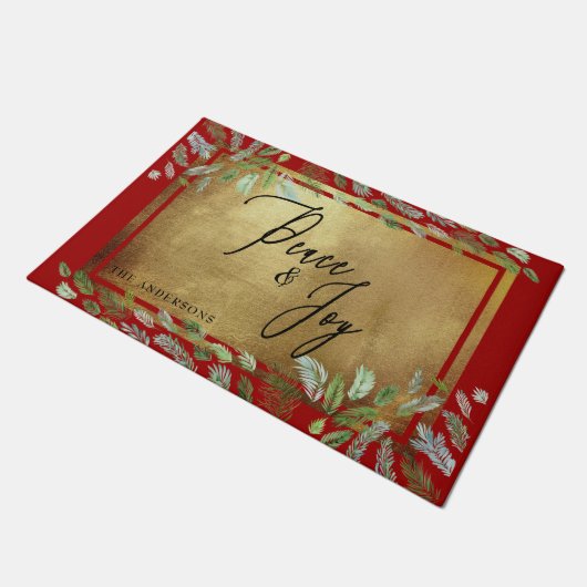 Eigen naam Vrede & Joy Gold & Rood Kerstmis Deurmat (Schuin)