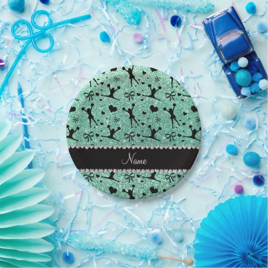 Eigen naam zeeluim groene glitter cheerleading papieren bordje (Feest)