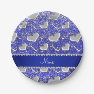 Eigen naam zilveren harten neonblauw glitter papieren bordje