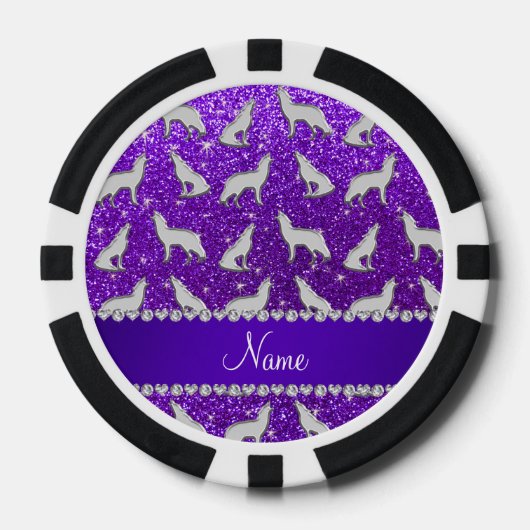 Eigen naam zilverwolf in digo paarse glitter pokerchips (Voorkant)