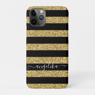 Eigen naam zwart en gouden glitter Stripes Case-Mate iPhone Case
