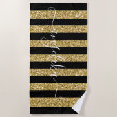 Eigen naam zwart en gouden glitter Stripes Strandlaken (Voorkant)