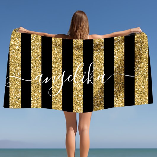 Eigen naam zwart en gouden glitter Stripes Strandlaken
