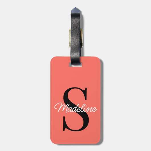 Eigen naammonogram op  koraal rood Sinaasappel Bagagelabel (Achterkant verticaal)