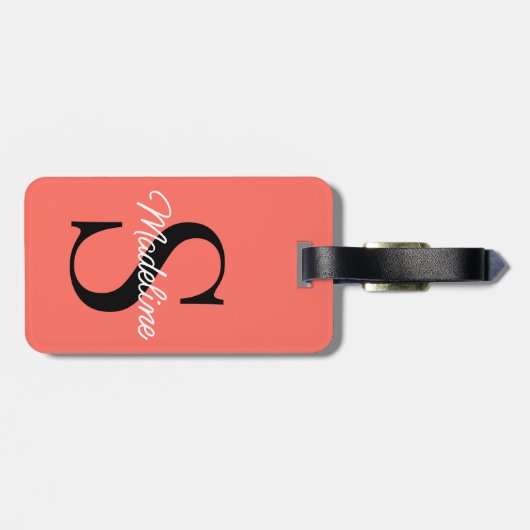 Eigen naammonogram op  koraal rood Sinaasappel Bagagelabel (Achterkant horizontaal)
