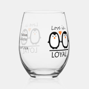 Eigen namen en datum van Penguin Love Wijnglas Zonder Voet