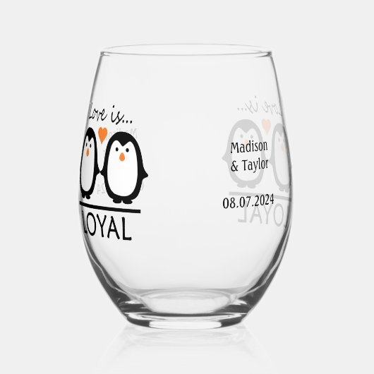 Eigen namen en datum van Penguin Love Wijnglas Zonder Voet (Links)