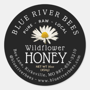 Eigen productlabel Wildflower Honey Black Daisy Ronde Sticker