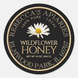 Eigen productlabel Wildflower Honey Black Daisy Ronde Sticker