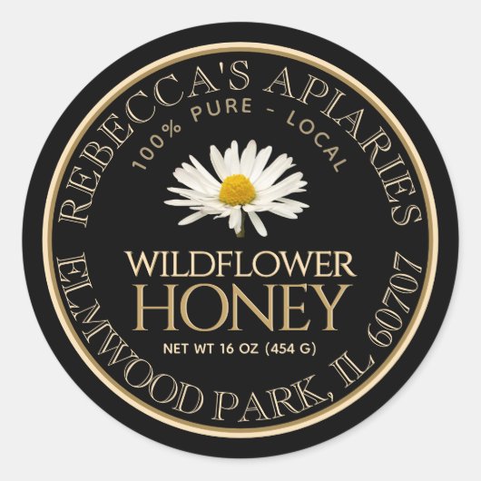 Eigen productlabel Wildflower Honey Black Daisy Ronde Sticker (Voorkant)