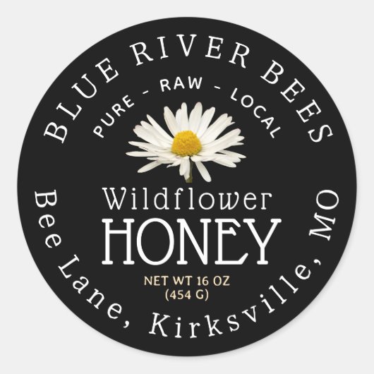 Eigen productlabel Wildflower Honey Black Daisy Ronde Sticker (Voorkant)