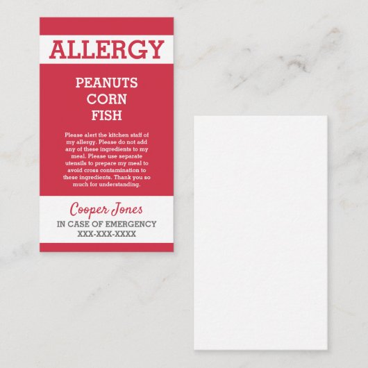 Eigen Red Allergy Alert Restaurant Noodsituatie Contactkaartje (Voorkant / Achterkant)