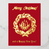 Eigen rode en gouden tekst met kerstkaarsen folie feestdagen briefkaart (Voorkant)