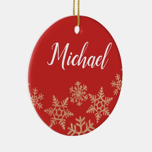 Eigen rode en goudnaam en datum met sneeuwvlokken keramisch ornament (Rechts)
