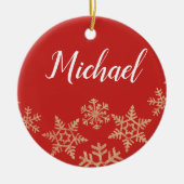 Eigen rode en goudnaam en datum met sneeuwvlokken keramisch ornament (Voorkant)