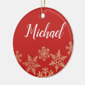 Eigen rode en goudnaam en datum met sneeuwvlokken keramisch ornament (Links)