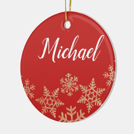 Eigen rode en goudnaam en datum met sneeuwvlokken keramisch ornament (Links)