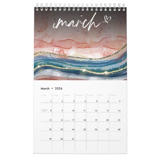 Eigen Roos goudblauwe marmer waterverf Glitter Kalender (Mar 2026)