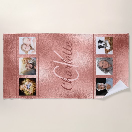 Eigen roos goudmonogram fotocollage strandlaken (Voorkant)