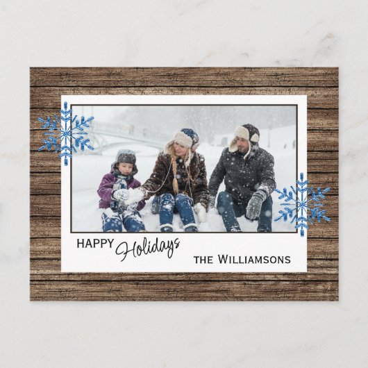 Eigen sneeuwvlokken en houten houten planken briefkaart (Voorkant)