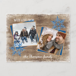 Eigen sneeuwvlokken en houten houten planken briefkaart