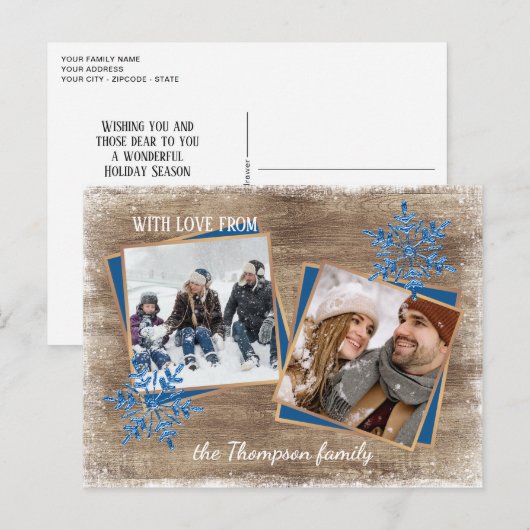 Eigen sneeuwvlokken en houten houten planken briefkaart (Voorkant / Achterkant)