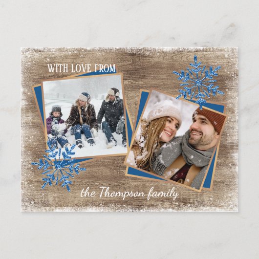 Eigen sneeuwvlokken en houten houten planken briefkaart (Voorkant)