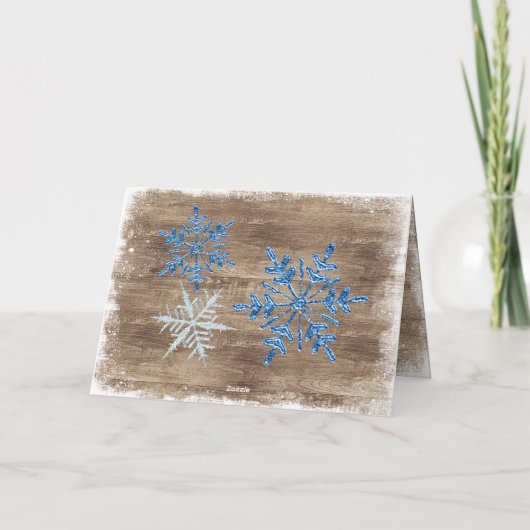 Eigen sneeuwvlokken en houten houten planken feestdagen kaart (Achterkant)