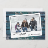 Eigen sneeuwvlokken en houten houten planken feestdagenkaart (Voorkant)