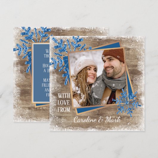 Eigen sneeuwvlokken en houten houten planken feestdagenkaart (Voorkant / Achterkant)