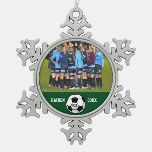 Eigen Soccer Photo Collage Name Team Number Tin Sneeuwvlok Ornament (Voorkant)