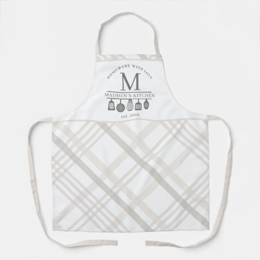 Eigen Tekst | Beige witte Buffalo Plaid Monogram Schort (Voorkant)