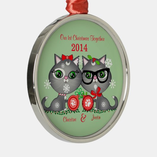 Eigen tekst Kat Cat Couple's eerste Kerstmis Metalen Ornament (Rechts)