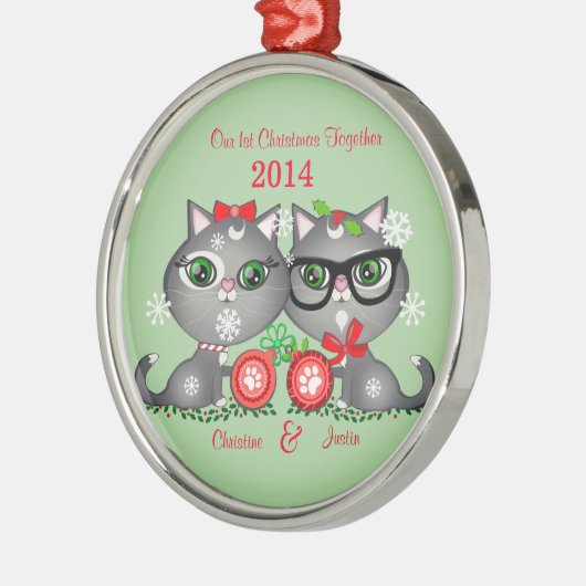Eigen tekst Kat Cat Couple's eerste Kerstmis Metalen Ornament (Links)