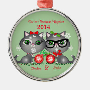 Eigen tekst Kat Cat Couple's eerste Kerstmis Metalen Ornament