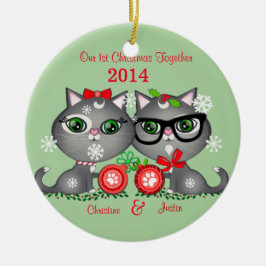 Eigen tekst Kat Cat Couple's eerste Kerstmis Metalen Ornament